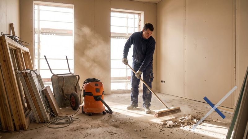 Rohbau im Innenausbau: Reinigungskraft kehrt Bauschutt zusammen, im Hintergrund frisch gestellte Gipskartonwände