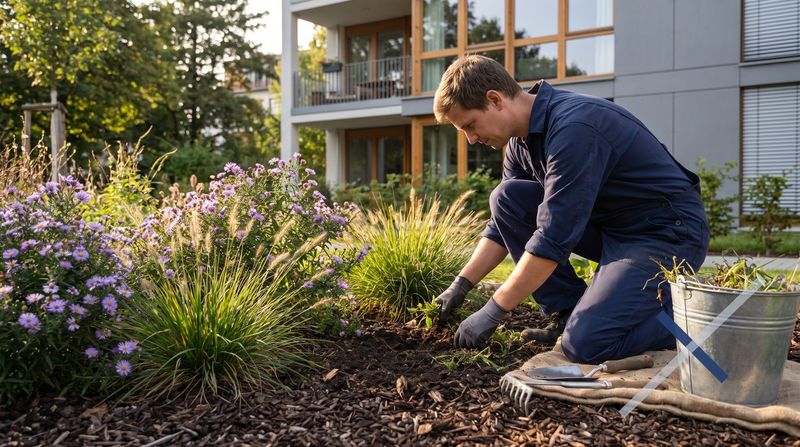 Gärtnerin jätet Unkraut in einem gemulchten Staudenbeet mit blühendem Lavendel vor dem Eingang einer Wohnanlage.