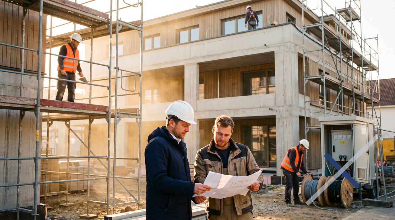 Baustelle eines Mehrfamilienhauses mit Gerüst, mehreren Gewerken und Bauleiter