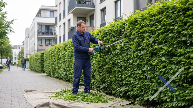 Mitarbeiter schneidet mit der Heckenschere eine hohe Hainbuchenhecke entlang des Gehwegs einer Wohnanlage.