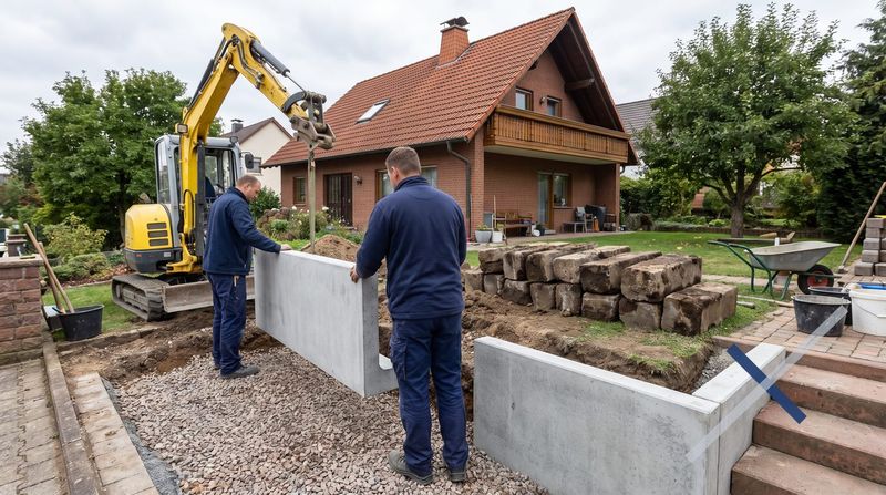 Minibagger setzt mit einer Hebezange einen neuen L-Stein aus Beton auf ein Streifenfundament an einer Böschung.