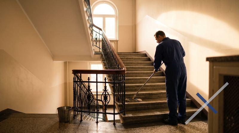 Reinigungskraft wischt die Steintreppe eines Altbau-Treppenhauses