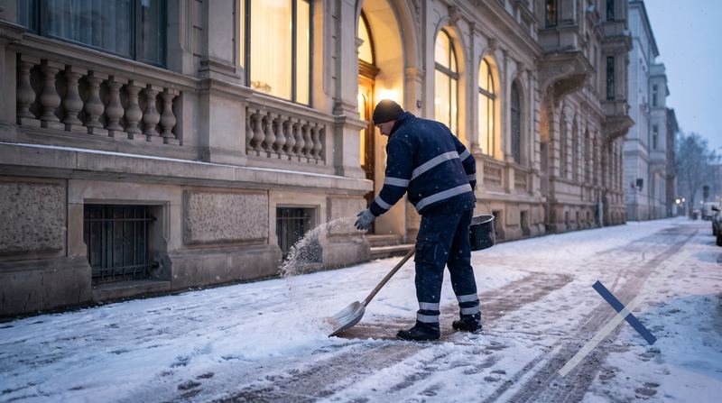 Mitarbeiter räumt am frühen Morgen einen verschneiten Gehweg vor einer Wohnanlage und streut anschließend Granulat
